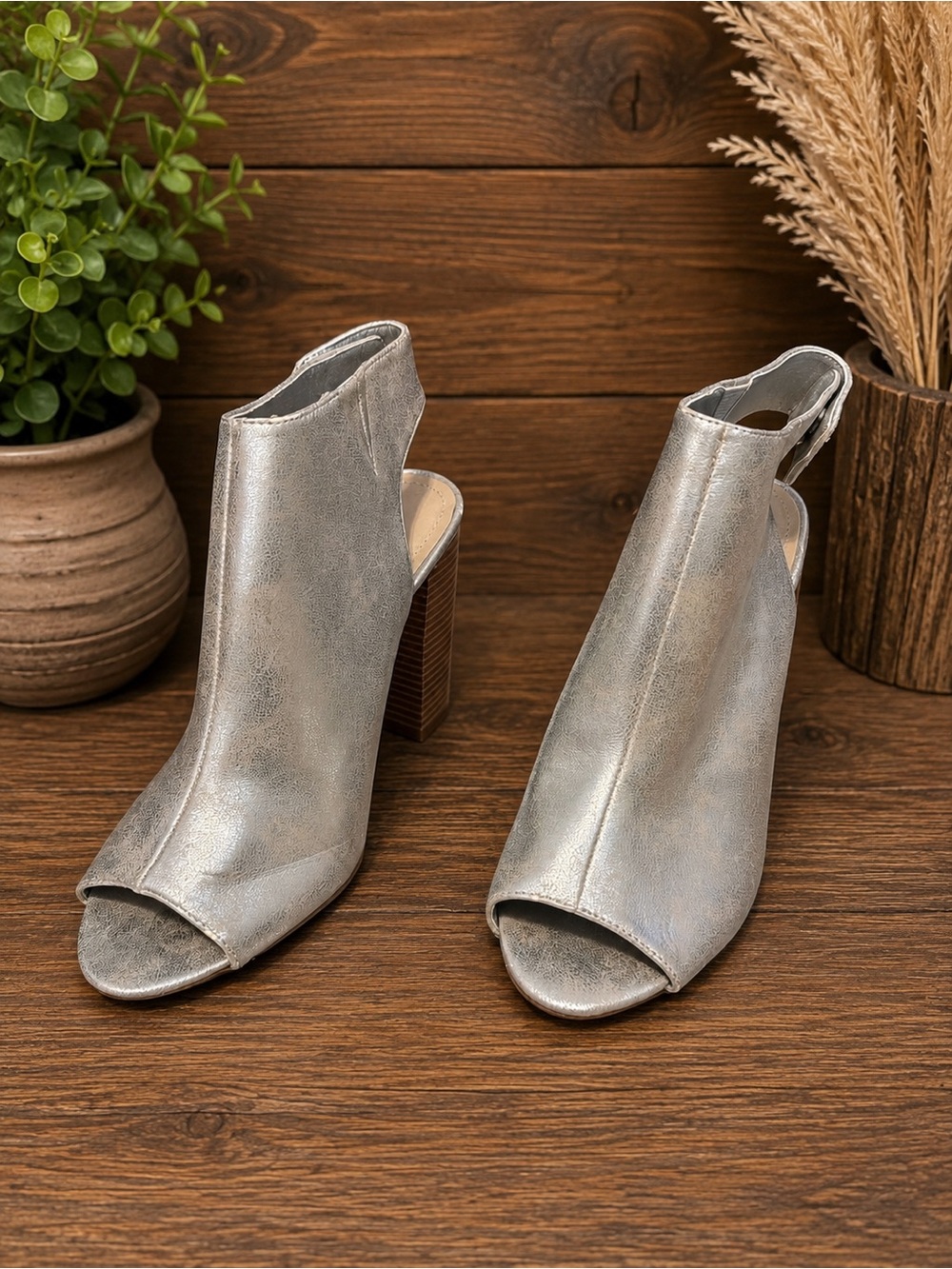 New BAMBOO Silver Open-Toe Slingback Block Heel Booties